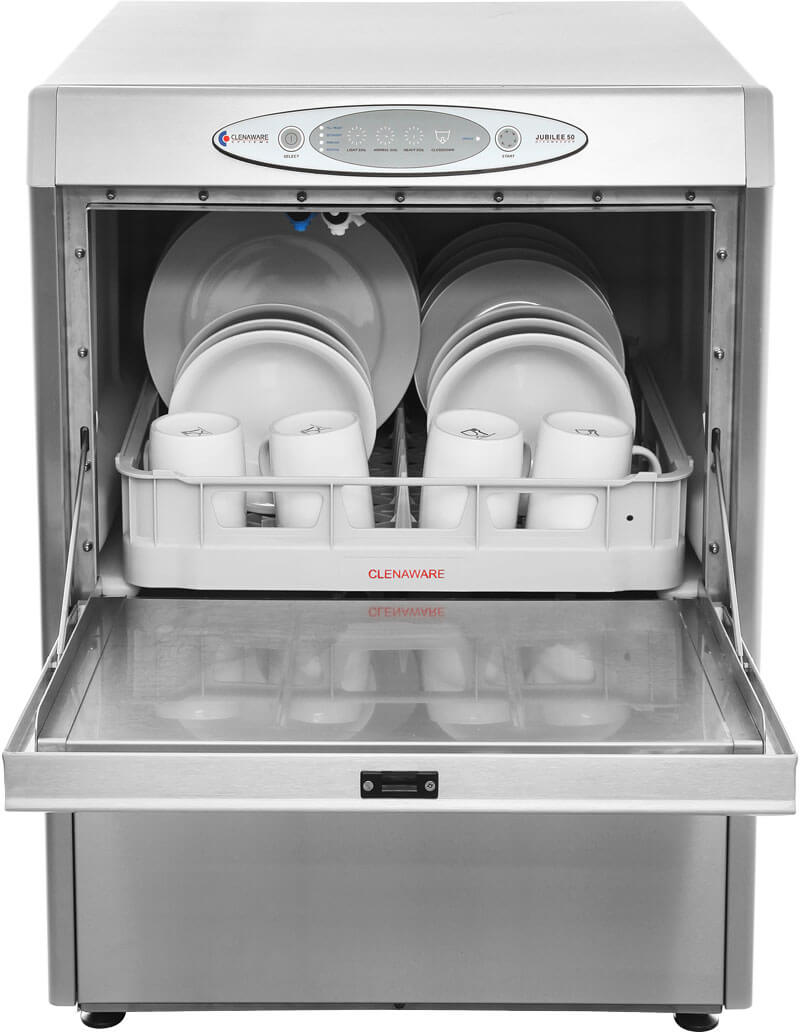 Jubilee Dishwasher from the front with the door open and a full dish rack