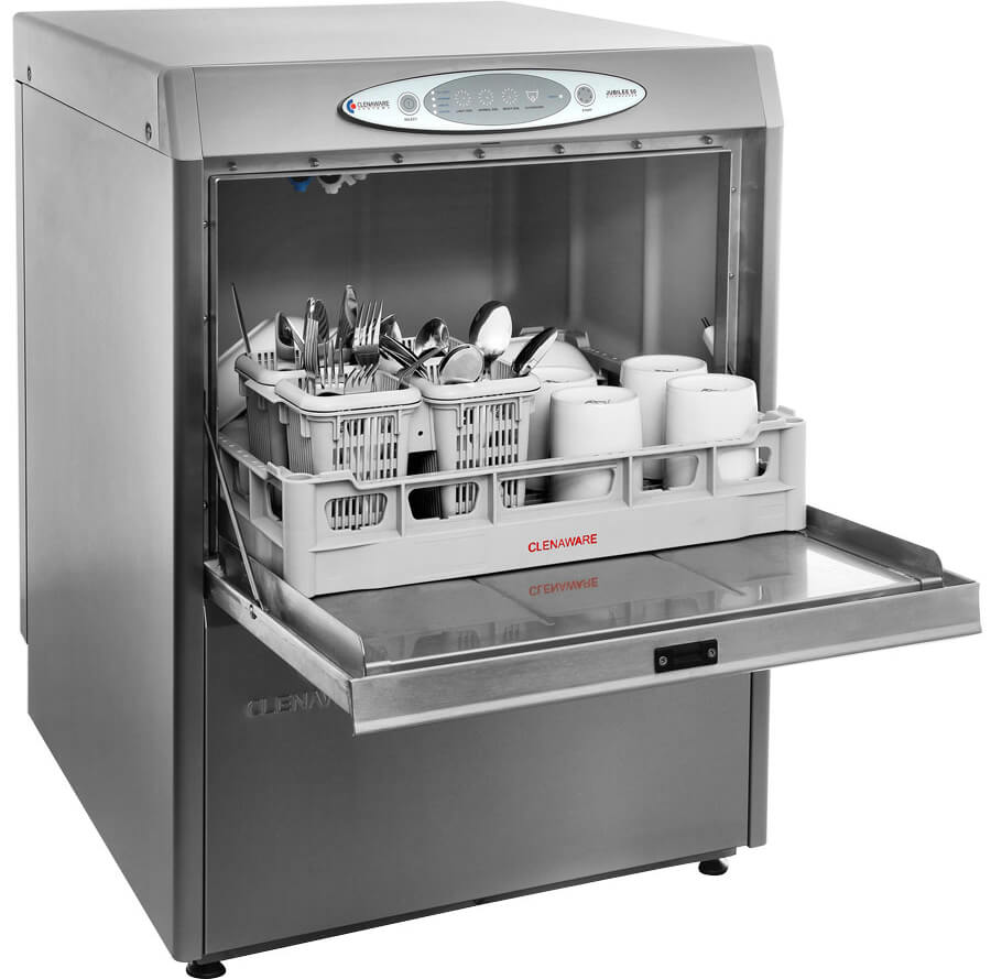 Jubilee Dishwasher from the side with the door open and a full dish rack