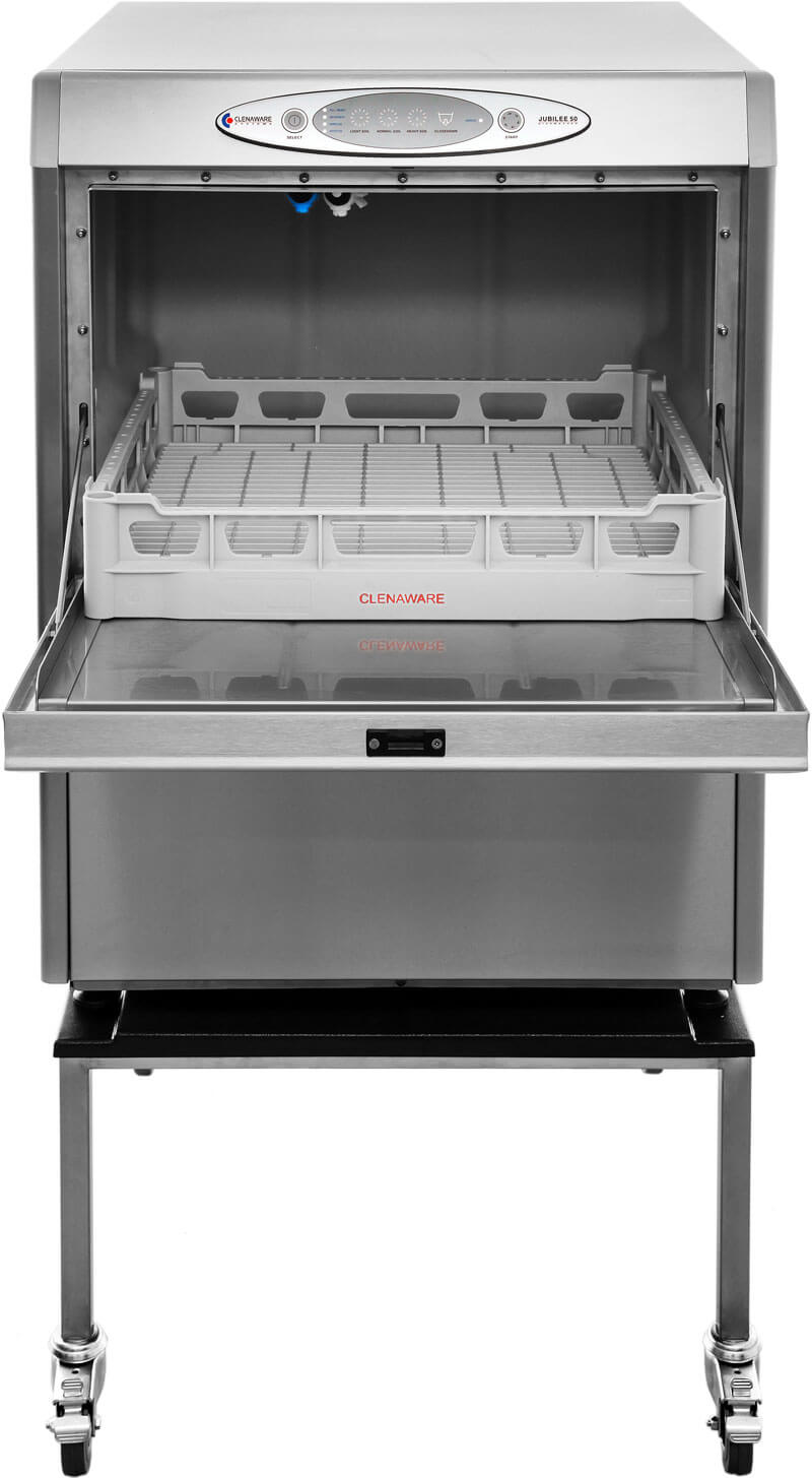 Jubilee Dishwasher from the front with the door open on a stand
