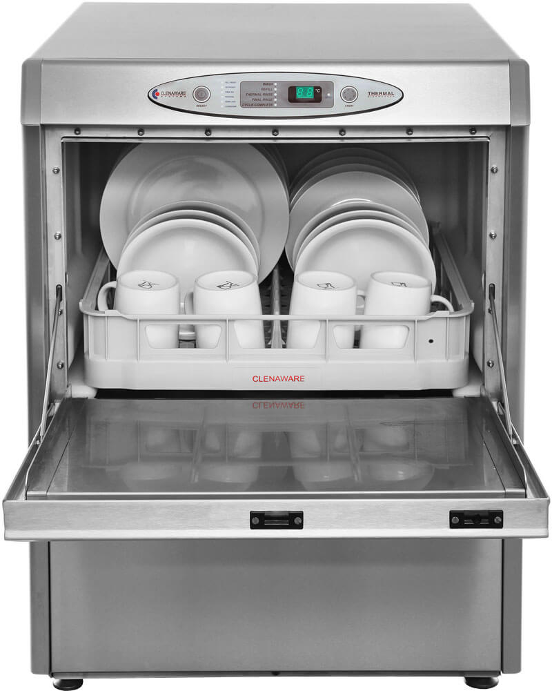 TD50 from the front with the door open and a full dish rack