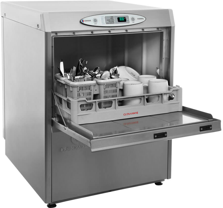 TD50 from the side with the door open and a full dish rack