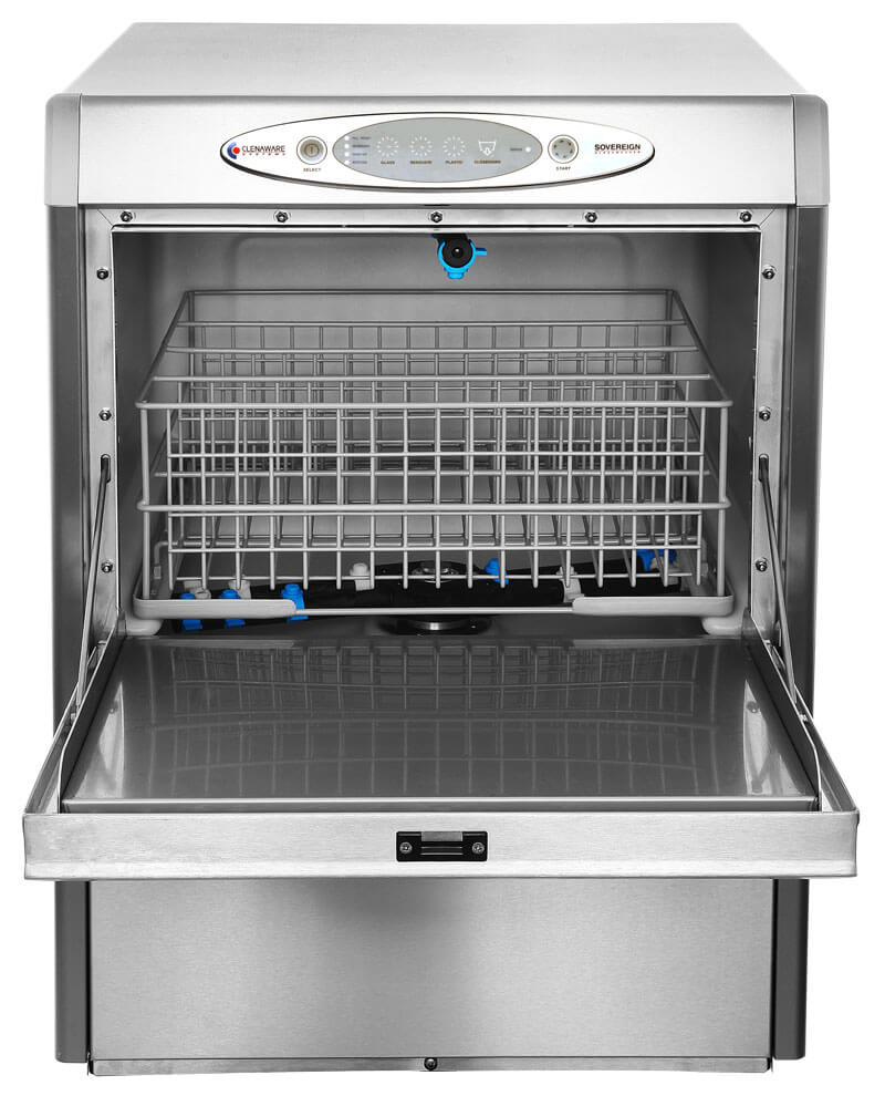 Sovereign Glasswasher from the front with door open with baskets